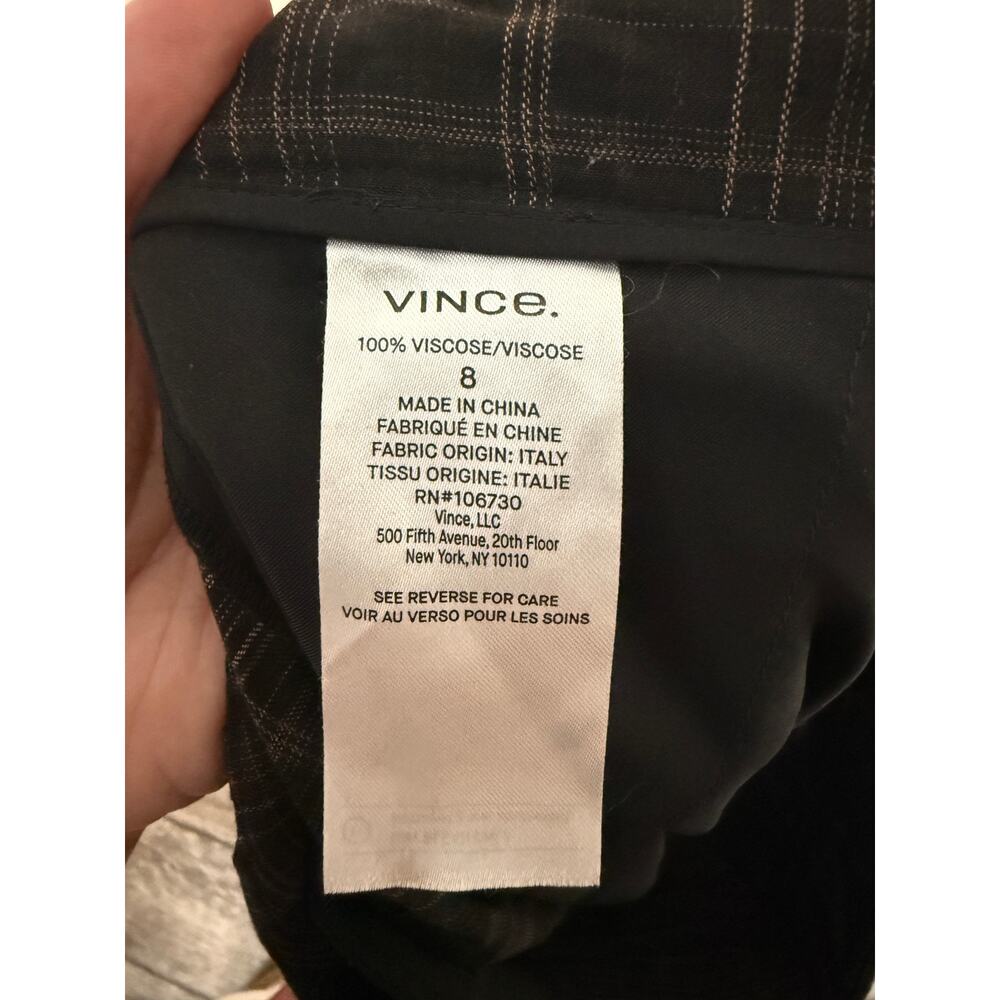 Vince Classic High Rise Pleated Trousers Wide Leg Plaid Black Brown Size 8 - Picture 6 of 7